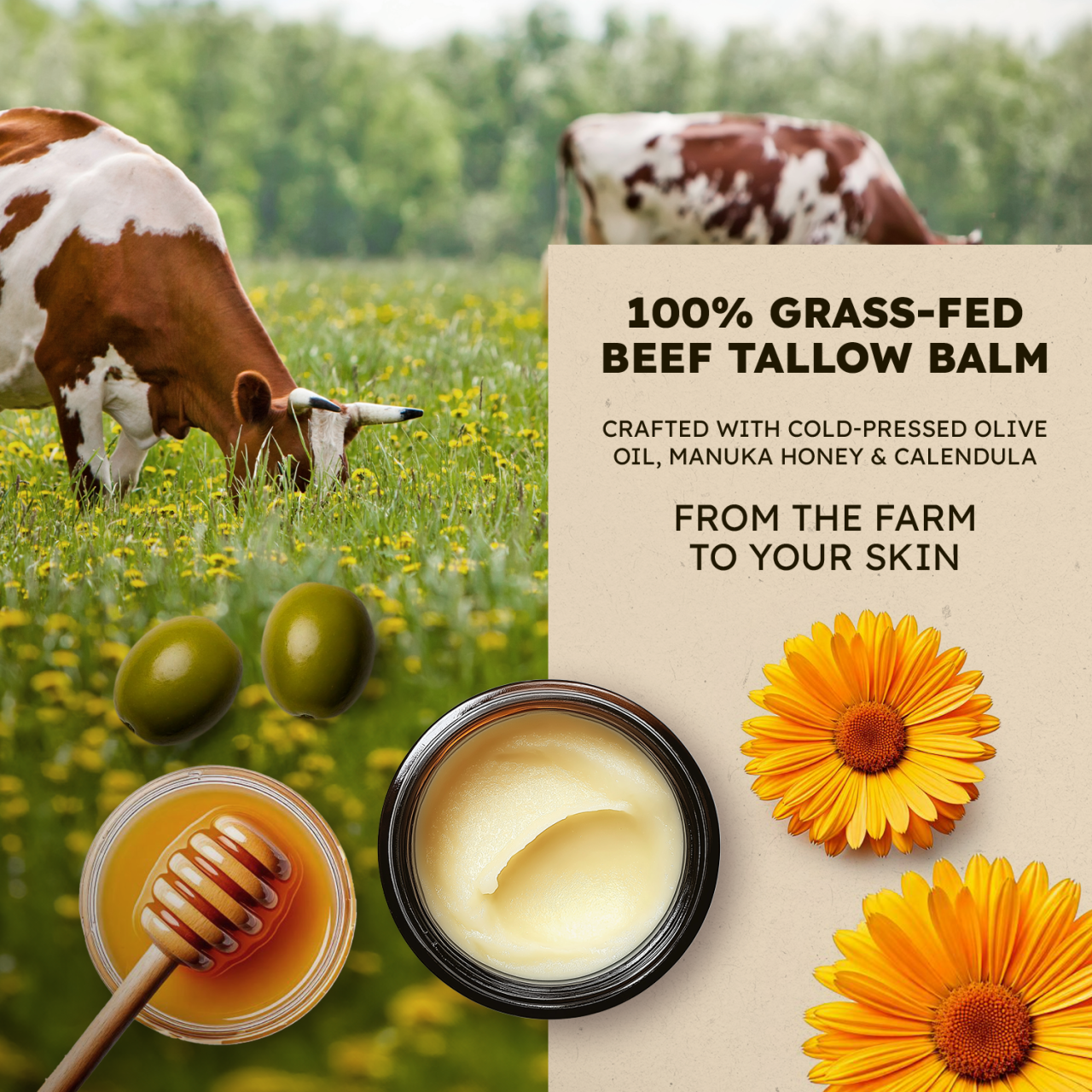 Real Good Tallow and Honey Balm - 100% Grass Fed & Finished Beef Tallow Face Moisturizer with Manuka Honey, Olive Oil & Calendula - 4 oz - Lotion for Real Good Skin Made in USA