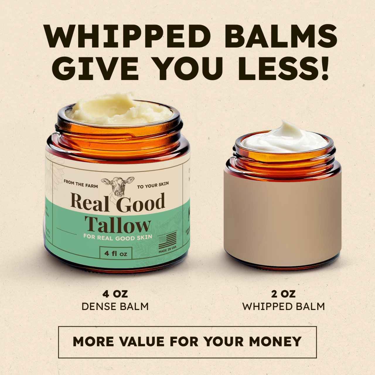 Real Good Tallow and Honey Balm - 100% Grass Fed & Finished Beef Tallow Face Moisturizer with Manuka Honey, Olive Oil & Calendula - 4 oz - Lotion for Real Good Skin Made in USA
