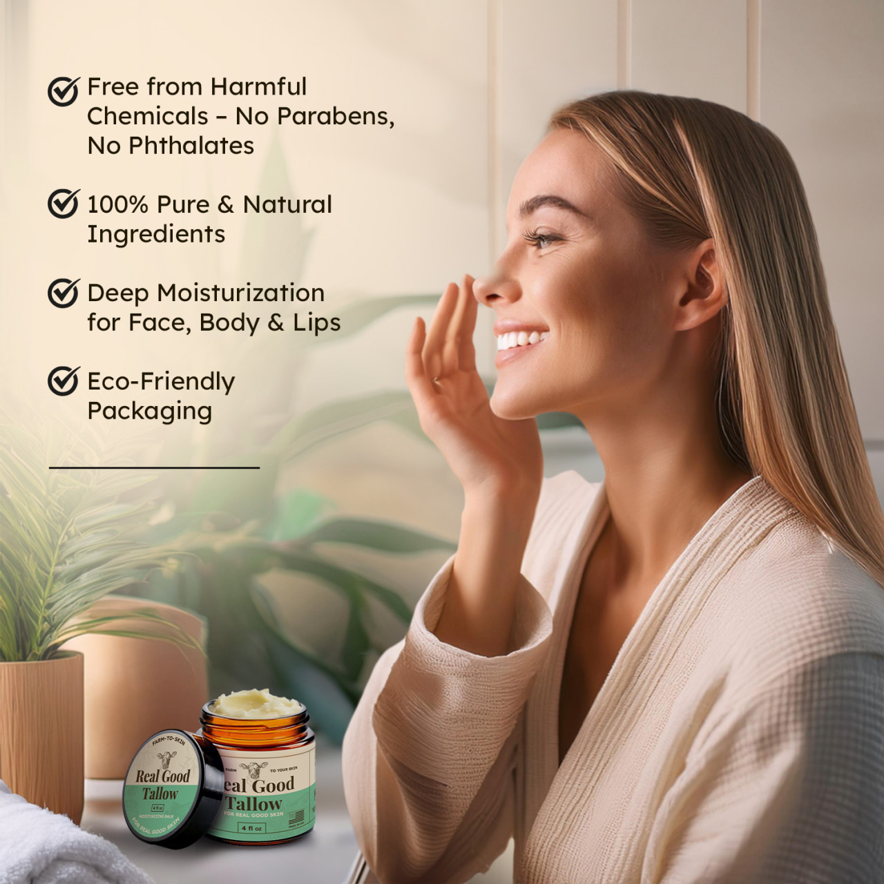 Real Good Tallow and Honey Balm - 100% Grass Fed & Finished Beef Tallow Face Moisturizer with Manuka Honey, Olive Oil & Calendula - 4 oz - Lotion for Real Good Skin Made in USA
