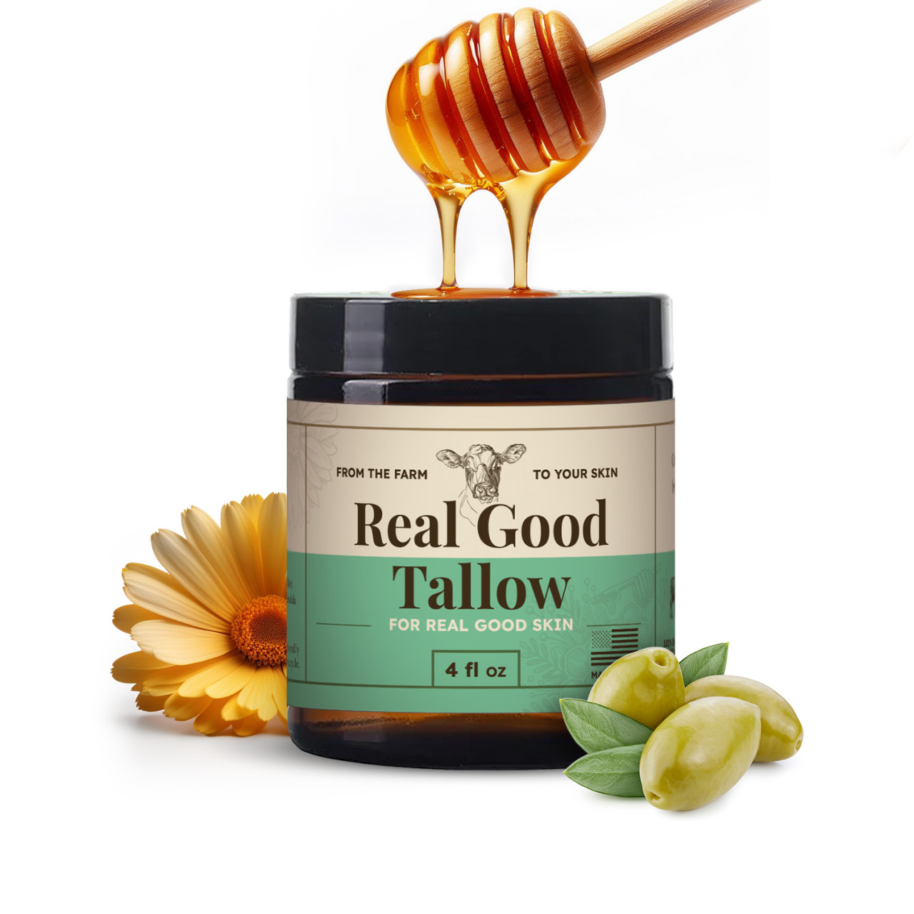 Real Good Tallow and Honey Balm - 100% Grass Fed & Finished Beef Tallow Face Moisturizer with Manuka Honey, Olive Oil & Calendula - 4 oz - Lotion for Real Good Skin Made in USA