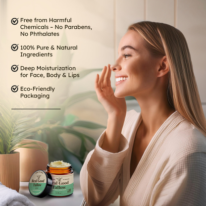 Real Good Tallow and Honey Balm - 100% Grass Fed & Finished Beef Tallow Face Moisturizer with Manuka Honey, Olive Oil & Calendula - 4 oz - Lotion for Real Good Skin Made in USA